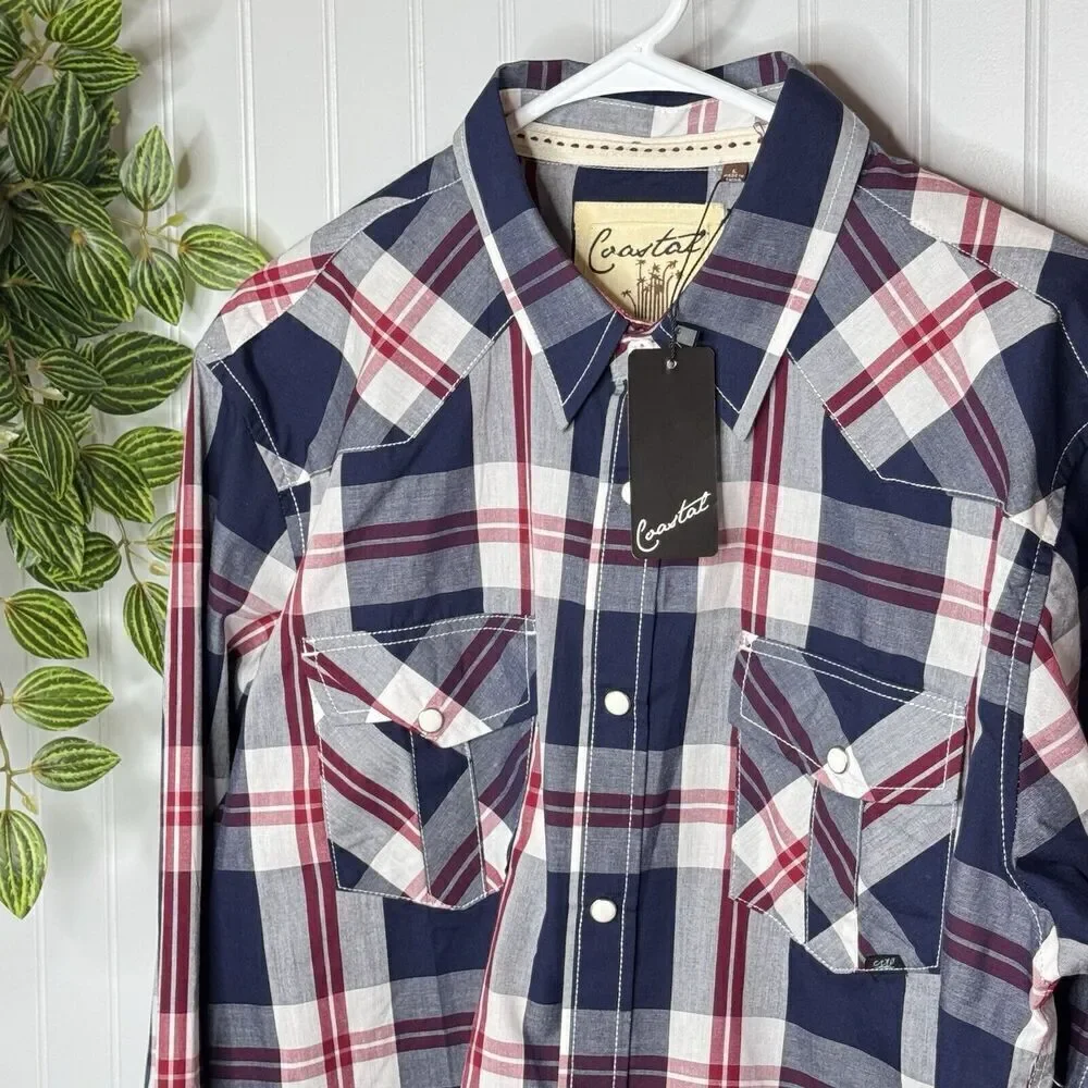 Coastal Men Sz L Button Up Shirt Large Red Navy Plaid Flannel Long Sleeve Collar